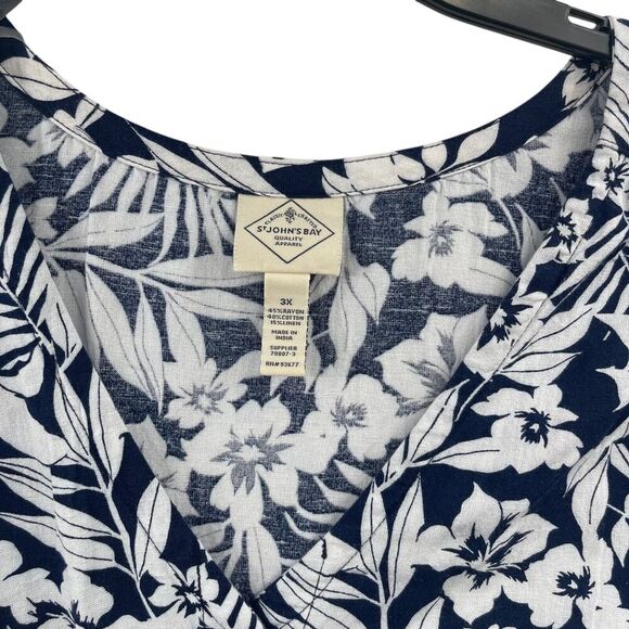 St. John's Bay Linen Ruffled Sleeveless Blouse 3X Blue White Tropical Hawaiian - Picture 5 of 10